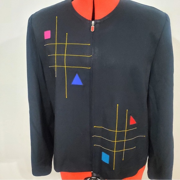 Vintage 80s John Roberts Embroidered Zip Up Black Jacket Blazer Size 14 - Picture 2 of 11